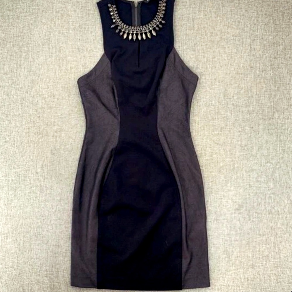 BRAND NEW (w/out tag) Guess Guess Black Gray Mini Dress Size 0 Jeweled Neckline.